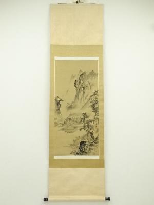 中国　王鑑筆　水墨山水　肉筆絹本掛軸